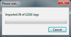 The progress bar showing 39 of 12101 tags imported