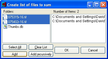create a list of files to sum using MD5summer