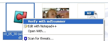 In Windows, just right-click and choose Verify with md5Summer